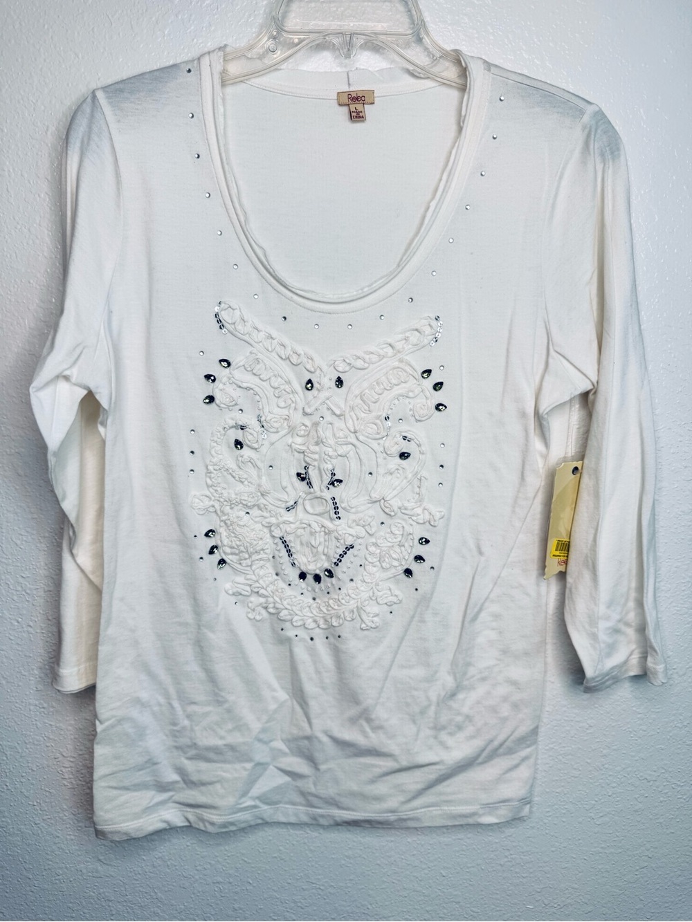 NWT Reba White Long Sleeve Beaded Front Top size L